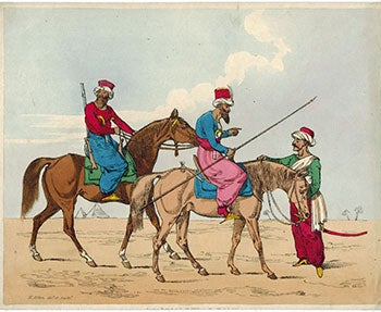 Item #51-1893 Two Arab Horsemen and a Standing Arab with a Sword. Henry Alken, 1785 – 1851.
