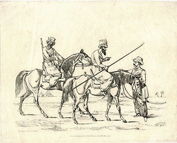 Item #51-1894 Two Arab Horsemen and a Standing Arab with a Sword. Henry Alken, 1785 – 1851.