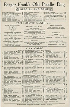 Item #51-1982 Bergez-Frank's Old Poodle Dog. Special and Table d'Hote Lunch or Short Orders and A la Carte Menu for June 16, 1916. Bergez-Frank's Old Poodle Dog Restaurant.