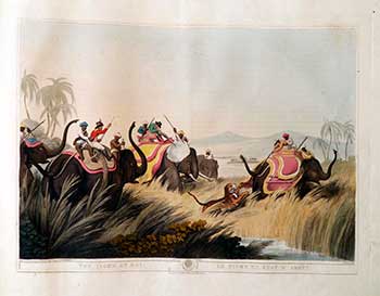 Howett, Samuel (Artist - 1756-1822) and Thomas Williamson (Author -1758-1817) - The Tiger at Bay [with a Phalanx of Elephants & Hunters]. Plate 17 from the Second Elephant Folio Edition of Oriental Field Sports : Being a Complete, Detailed, and Accurate Description of the Wild Sports of the East. .