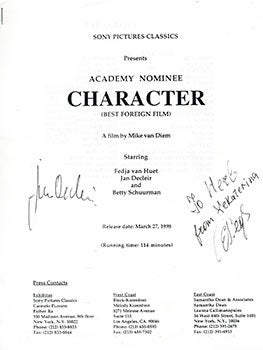 Item #51-2191 Autographs on flyer for the film "Character," directed by Mike Van Diem. Jan and...