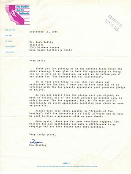 Item #51-2204 Letter from Mayor Tom Bradley to publisher Herb Yellin regarding his 1986 gubernatorial Campaign. Tom Bradley.