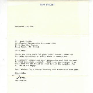 Item #51-2205 Letter from Mayor Tom Bradley to publisher Herb Yellin regarding his 1987 birthday...