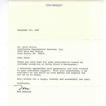 Item #51-2205 Letter from Mayor Tom Bradley to publisher Herb Yellin regarding his 1987 birthday reception. Tom Bradley.