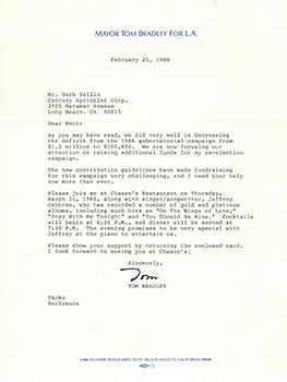 Bradley, Tom (1917-1998) - Letter from Mayor Tom Bradley to Publisher Herb Yellin Regarding His 1988 Mayorial Campaign