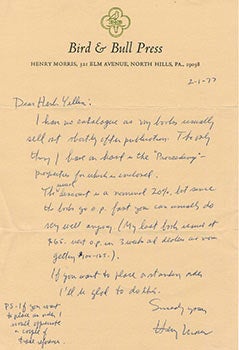 Item #51-2577 Letter from Henry Morris (Bird & Bull Press) to publisher Herb Yellin regarding his publications. Bird, Bull Press.