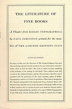 Item #51-2615 A Chapter from "Biblio-Typographica" by Paul Johnston printed for members of The...