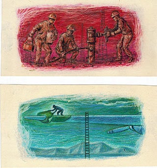 Item #51-2646 Four Original oil crayon drawings by Earl Thollander for the Standard Oil Bulletin....