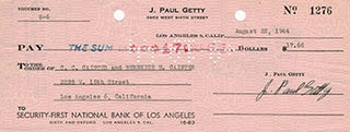 Item #51-2656 Check signed by J. Paul Getty to C.C. Caister and Berenice Caister, Los Angeles....