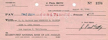 Item #51-2656 Check signed by J. Paul Getty to C.C. Caister and Berenice Caister, Los Angeles. J. Paul Getty.