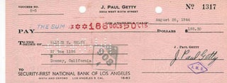 Item #51-2657 Check signed by J. Paul Getty to Walter E. Smith, Downey, California. J. Paul Getty