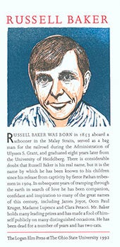 Item #51-2675 Portrait of Russell Baker with text from "Poor Russell's Almanac?" Sidney Chafetz, Russell Bake Broadside, artist, author.