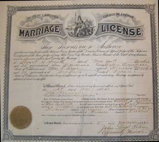 Item #51-2754 Marriage license for Stuart Smith and Mae Deyo. County of Fresno. 1911. County of...