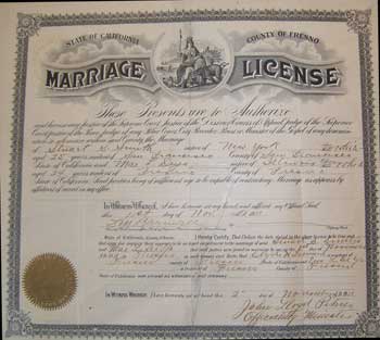 Item #51-2754 Marriage license for Stuart Smith and Mae Deyo. County of Fresno. 1911. County of Fresno.