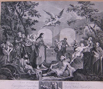 Hogarth, William (1697-1764) After. Engraved by Thomas Cook (c. 1744-1818) - The Pool of Bethesda. Painted by William Hogarth Esq. On the Stair Case in St. Bartholomew's Hospital (the Curative Pool at Jerusalem's Sheep's Gate, Visited by the Sick and Healthy with Jesus As Good Samaritan in the Center )