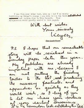 Keyes, Sir Roger (1919-2005) - Letter to Lady Allenby Regarding His Forthcoming Book on King Leopold of Belgium