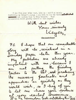 Item #51-2939 Letter to Lady Allenby regarding his forthcoming book on King Leopold of Belgium. Sir Roger Keyes.