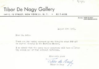Item #51-3085 Letter to Peter Selz regarding his article "The Flaccid Art," a critique of Pop...