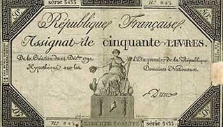 Item #51-3177 République Française. Assignat de cinquante livres. De la création du 14...
