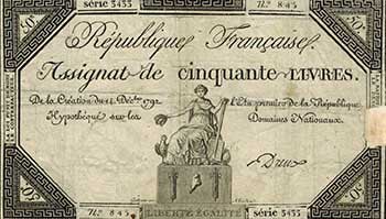 Item #51-3177 République Française. Assignat de cinquante livres. De la création du 14 Décembre 1792.(Original engraving). Tardieu, Gatteaux, Graveur, Dessinateur du modèle.