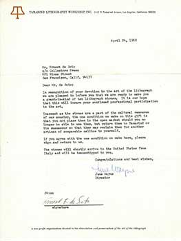 Item #51-3198 Letter from June Wayne to the printer. Ernest F. De Soto regarding a gift of...