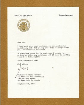 Item #51-3230 Letter from Dianne Feinstein as Mayor of San Francisco to Professor Herbert Feinstein. Dianne Feinstein.