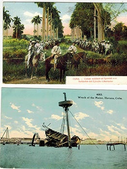 Item #51-3392 Early 20th Century postcards of the Wreck and Raising of the Maine in Cuba and of Cuban Soldiers. Vintage Cuban postcard artist.