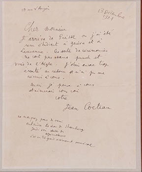 Item #51-3555 Autograph letter by Jean Cocteau from 1921 on Switzerland and Arnold Schoenberg....