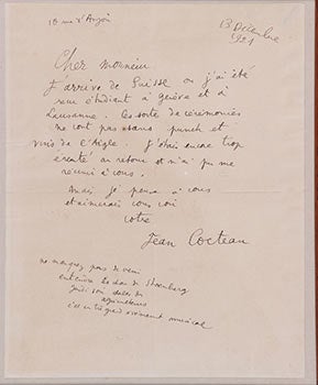 Item #51-3555 Autograph letter by Jean Cocteau from 1921 on Switzerland and Arnold Schoenberg....