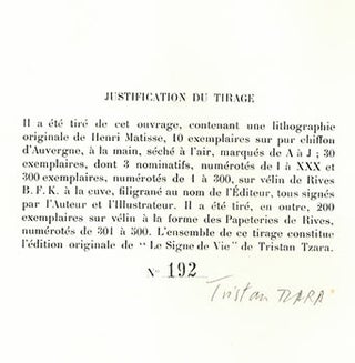 Item #51-3576 Le Signe de Vie. First edition. Signed. Henri Matisse, Tristan Tzara, author