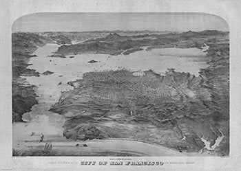 Item #51-3582 Bird's-eye view of the City of San Francisco and surrounding country. George H. Goddard, artist Britton, British, lithographer Snow Rey, Roos, active ca. 1852-ca. 1853, active.