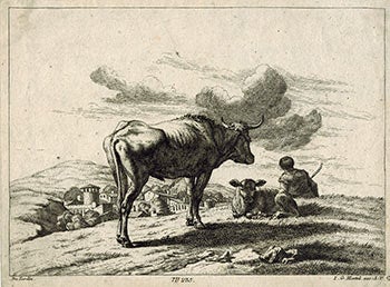 Item #51-3689 Cows and Sheprherd with Village below. First edition. Karel Dujardin, Johann Georg Hertel, 1621 - 1678, 1700–1775 engraver.