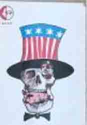Item #51-3765 Uncle Sam in skull and hat displaying star of David while eating Palestines with Moshe Dayan in eyepatch in one eye socket. First Edition. P F. L. P.