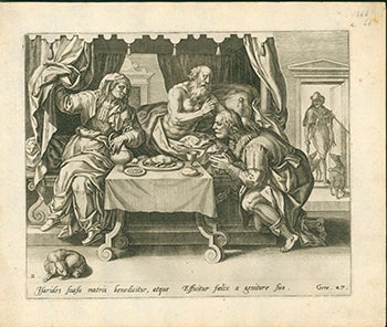 Item #51-3777 Engraving from The Story of Jacob and Esau: Blind Isaac blessing Jacob disguised as Esau First edition. Vos. Maarten de After. 1532–1603, engraver Gerard de Jode, 1509/17–1591 Netherlandish.