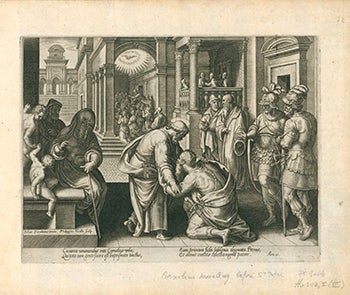 Item #51-3778 Engraving from Acta Apostolorum (Acts of the Apostles). The gentile centurion, Cornelius kneeling before St Peter, two soldiers at right. First edition. Philips Galle, After: Johannes Stradanus, Jan van der Straet.