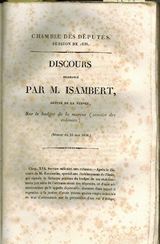 Item #51-3858 Discours prononcé par M. Isambert, député de la Vendée, sur le budget de la Marine (service des colonies). Séance du 23 mai 1838. First Edition. François-André Isambert.