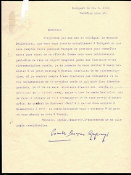 Item #51-3915 Letter from Count Georges Apponyi to Jacques Des Roches, (pseudonym of Jean-Gabriel...