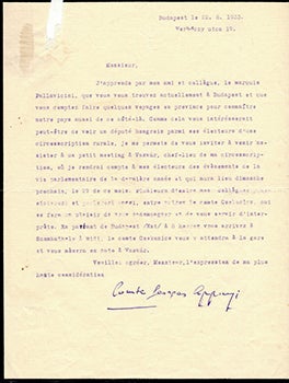 Item #51-3915 Letter from Count Georges Apponyi to Jacques Des Roches, (pseudonym of Jean-Gabriel Vacheron). Georges Apponyi, writer, recipient Jacques Des Roches, Jean-Gabriel Vacheron.