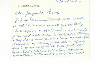 Item #51-3916 Autograph card from Vincent Auriol to Vincent to Jacques Des Roches, (pseudonym of...