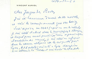 Item #51-3916 Autograph card from Vincent Auriol to Vincent to Jacques Des Roches, (pseudonym of Jean-Gabriel Vacheron). Vincent Auriol, writer, recipient Jacques Des Roches, Jean-Gabriel Vacheron.
