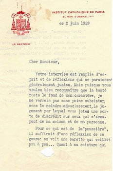 Item #51-3917 Autograph letter from Alfred Baudrillart to Vincent to Jacques Des Roches, (pseudonym of Jean-Gabriel Vacheron). Alfred Baudrillart, writer, recipient Jacques Des Roches, Jean-Gabriel Vacheron.