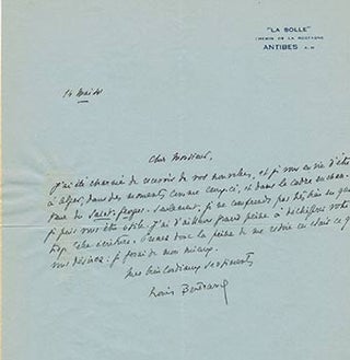 Item #51-3919 Autograph letter and card from Louis Bertrand to Vincent to Jacques Des Roches,...