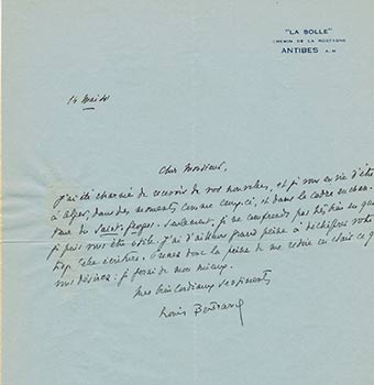 Item #51-3919 Autograph letter and card from Louis Bertrand to Vincent to Jacques Des Roches, (pseudonym of Jean-Gabriel Vacheron). Louis Bertrand, writer, recipient Jacques Des Roches, Jean-Gabriel Vacheron.