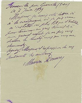 Item #51-3923 Letter from Maurice Donnay to Vincent to Jacques Des Roches, (pseudonym of Jean-Gabriel Vacheron). Maurice Donnay, writer, recipient Jacques Des Roches, 1854*-1945, Jean-Gabriel Vacheron.