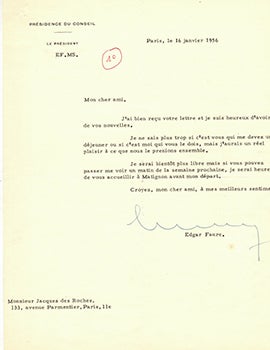 Item #51-3925 Letter from Edgar Faure as French President to Vincent to Jacques Des Roches, (pseudonym of Jean-Gabriel Vacheron). Le Président Edgar Faure, writer, recipient Jacques Des Roches, Jean-Gabriel Vacheron.