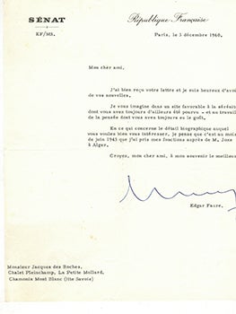 Item #51-3926 Letter from Edgar Faure as French Sénateur to Vincent to Jacques Des Roches, (pseudonym of Jean-Gabriel Vacheron). Sénateur Edgar Faure, writer, recipient Jacques Des Roches, Jean-Gabriel Vacheron.