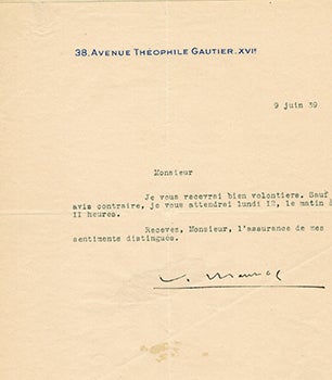 Item #51-3936 Letter from François Mauriac to Vincent to Jacques Des Roches, (pseudonym of Jean-Gabriel Vacheron). François Mauriac, recipient writer and Jacques Des Roches, writer, recipient Jacques Des Roches, Jean-Gabriel Vacheron.
