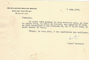 Item #51-3937 Letter from André Maurois to Vincent to Jacques Des Roches, (pseudonym of Jean-Gabriel Vacheron). André Maurois, recipient writer and Jacques Des Roches, writer, recipient Jacques Des Roches, Jean-Gabriel Vacheron.