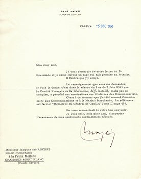 Item #51-3938 Letter from René Mayer to Vincent to Jacques Des Roches, (pseudonym of ...