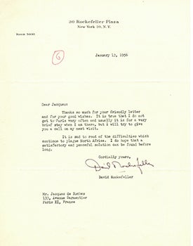 Item #51-3940 Letter from David Rockefeller to Vincent to Jacques Des Roches, (pseudonym of Jean-Gabriel Vacheron). David writer Rockefeller, recipient Jacques Des Roches, 1915–2017, Jean-Gabriel Vacheron.